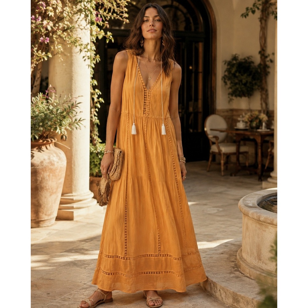 Madewell Cotton Gauze Tassel Maxi Dress Orange Crochet Trim A6015 Size 8